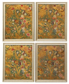 (4) FRAMED CONTINENTAL EMBOSSED & PAINTED LEATHER SCREEN FRAGMENTS