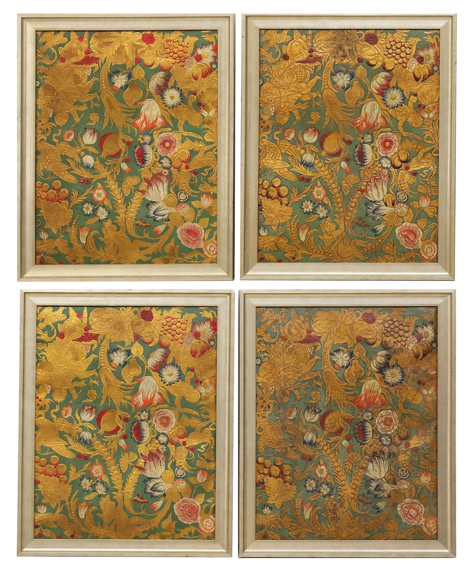 (4) FRAMED CONTINENTAL EMBOSSED & PAINTED LEATHER SCREEN FRAGMENTS (1 of 6)