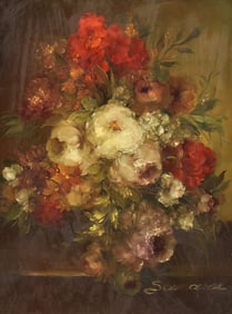 SIGNED OIL ON MASONITE PAINTING, STILL LIFE WITH FLOWERS, 12" X 9"
