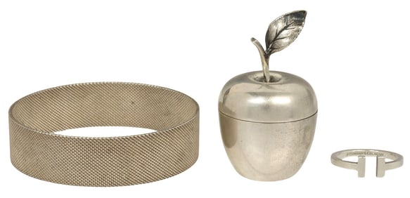 (3) TIFFANY & CO. STERLING SILVER MESH BANGLE, RING & APPLE BOX