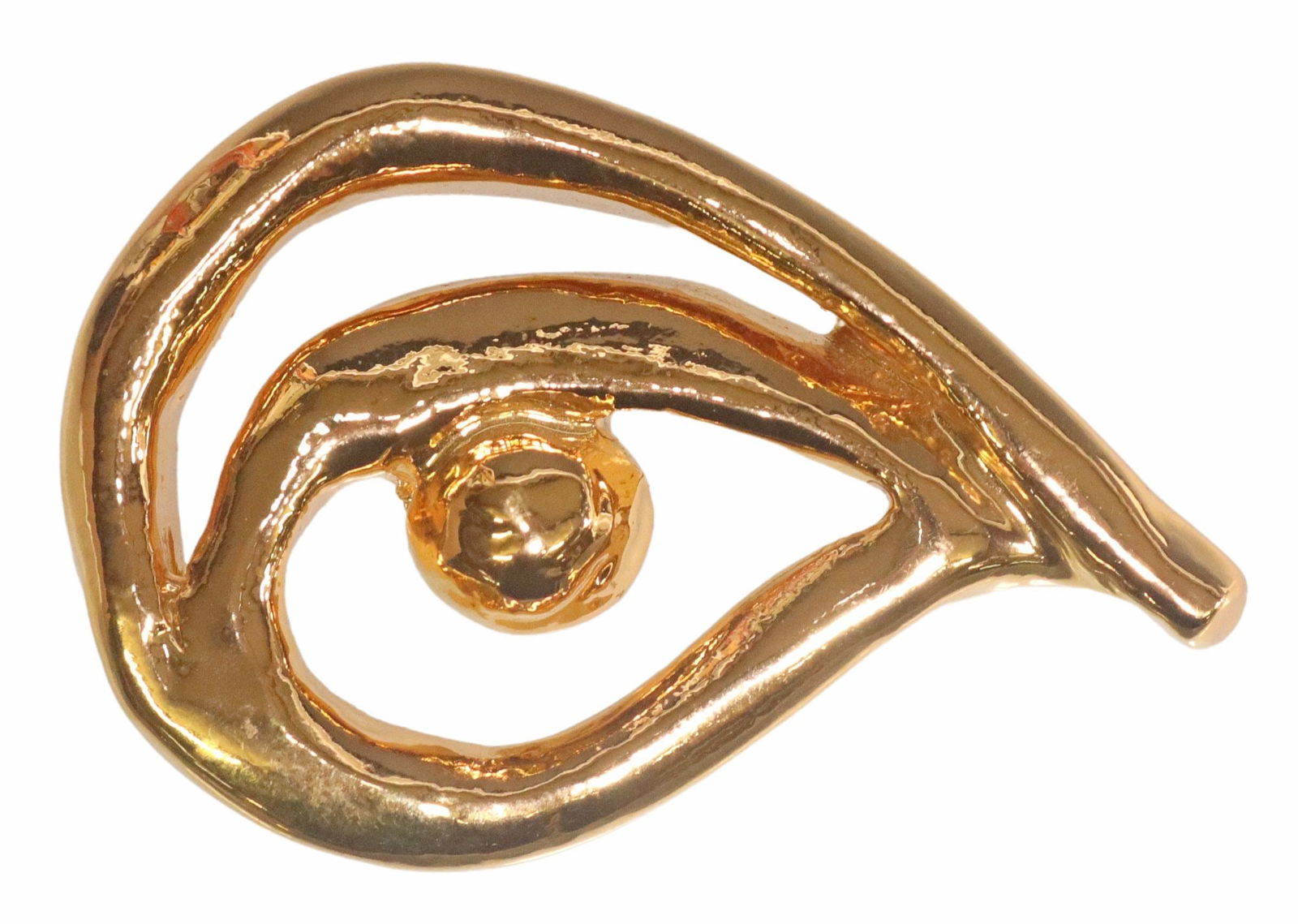 VINTAGE CHRISTIAN LACROIX GOLD-TONE RESIN EYE BROOCH: Vintage gold-tone resin brooch, Eye, Christian Lacroix, France, marked verso, approx 2"h, 3"l, 35.9 grams (inclusive of all materials) **NOTE: ALL JEWELRY LOTS REALIZING OVER $1,000 MUST BE PAID BY BA