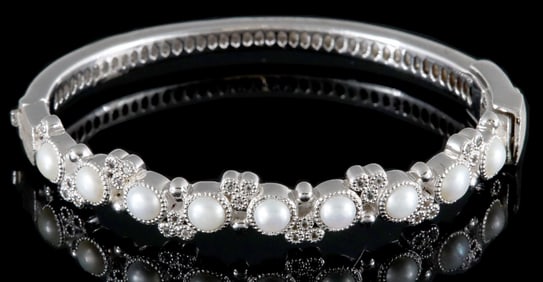 ESTATE STERLING SILVER & PEARL BANGLE BRACELET