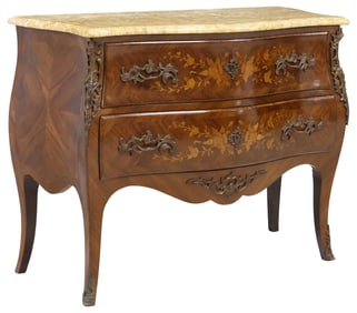 FRENCH LOUIS XV STYLE MARBLE-TOP MARQUETRY BOMBE COMMODE