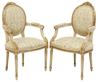 (2) LOUIS XVI STYLE PARCEL-GILT UPHOLSTERED ARMCHAIRS / FAUTEUILS