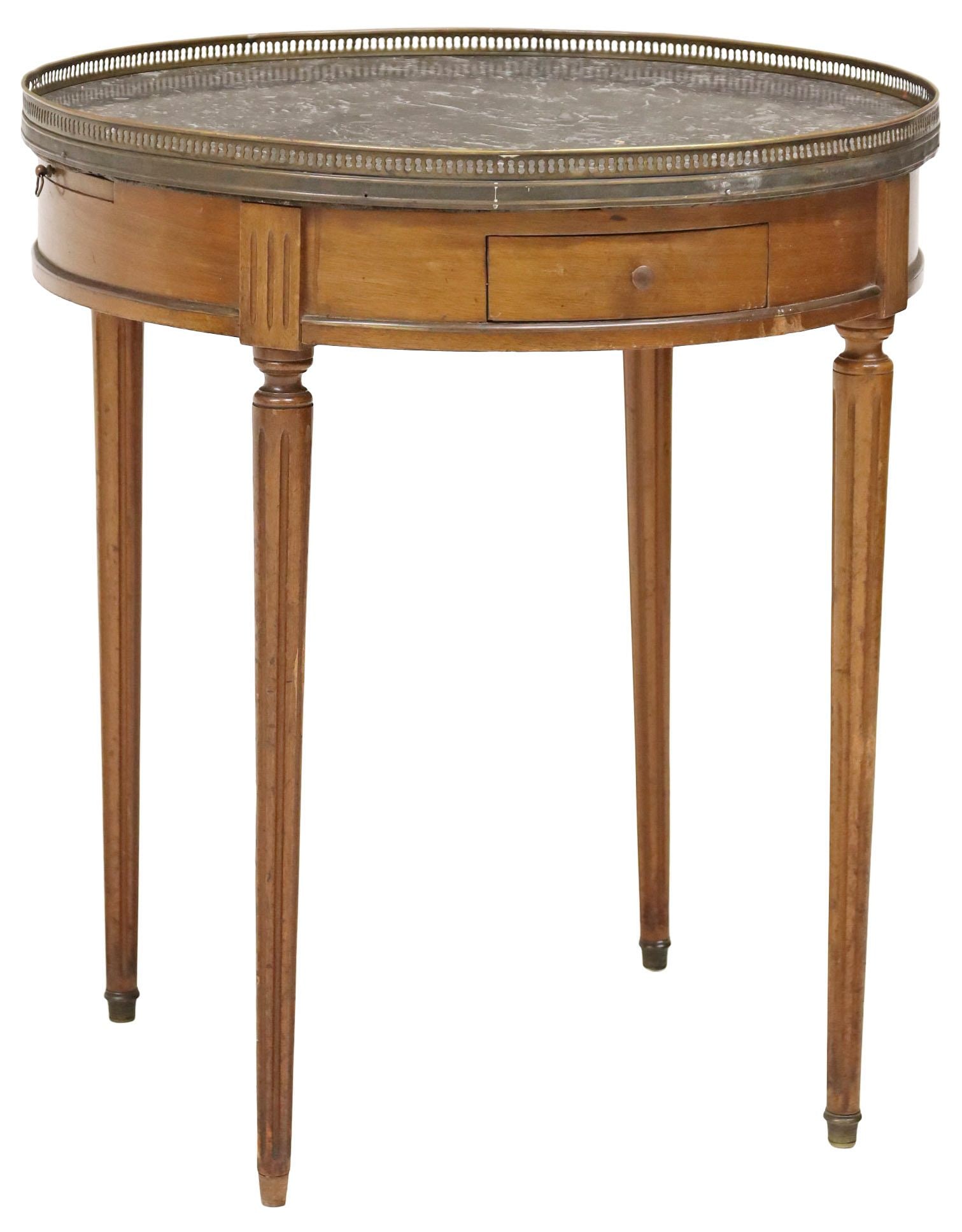 FRENCH LOUIS XVI STYLE MARBLE-TOP BOUILLOTTE TABLE: French Louis XVI style bouillotte table, late 19th c., having inset marble top and pierced gilt metal gallery, over two drawers and dual pull-out slides, each with inset leather surface, rising on flu