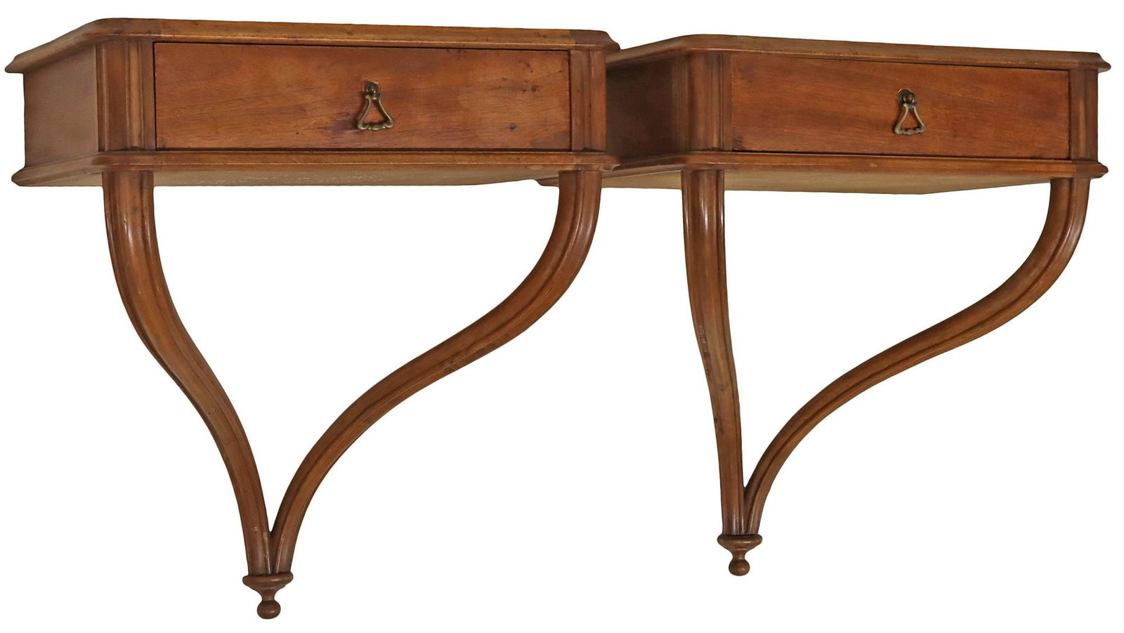 (2) ITALIAN MID-CENTURY MODERN TEAK WALL BRACKETS / CONSOLES: (pair) Italian mid-century modern wall-mounted teak brackets/ console tables, c.1960s, each having rounded rectangular top, fitted with single drawer, rising on tapering fluted supports, approx 21.25"