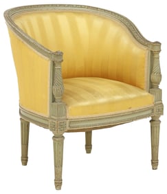 FRENCH LOUIS XVI STYLE UPHOLSTERED & PAINTED BERGERE / ARMCHAIR