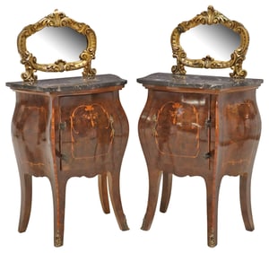 (2) ITALIAN ROCOCO STYLE MARBLE-TOP MARQUETRY BOMBE NIGHTSTANDS