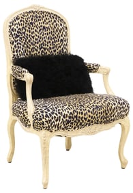 LOUIS XV STYLE LEOPARD PRINT UPHOLSTERED ARMCHAIR & PILLOW