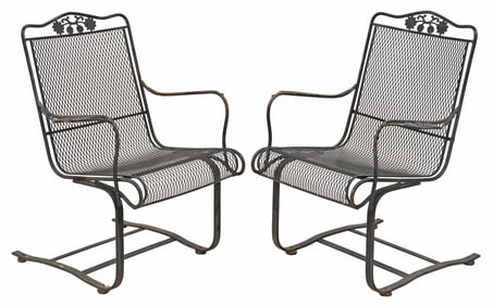 (2) RUSSELL WOODARD 'BRIARWOOD' WROUGHT IRON OUTDOOR LOUNGE CHAIRS