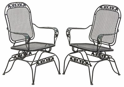 (2) BLACK WROUGHT IRON GRAPE VINE MOTIF OUTDOOR LOUNGE CHAIRS
