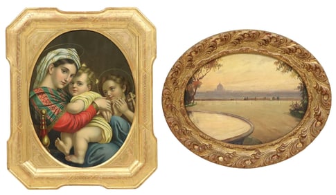 (2) ITALIAN GILTWOOD-FRAMED ART, PAINTING OF FLORENCE & RELIGIOUS PRINT
