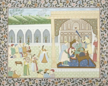 FRAMED MUGHAL STYLE PAINTING COURT SCENE
