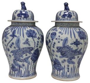 (2) LARGE CHINESE BLUE & WHITE PORCELAIN AQUATIC MOTIF VASES & COVERS