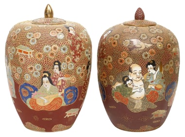 (2) SATSUMA STYLE ENAMELED PORCELAIN LIDDED MELON JARS