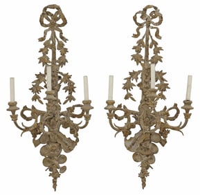 (2) LARGE FRENCH LOUIS XVI STYLE PAINTED 3-LIGHT WALL SCONCES, 37"H