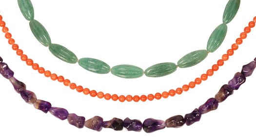 (3) CORAL, AMETHYST & AVENTURINE BEADED NECKLACES