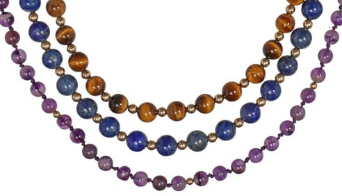 (3) ESTATE 14KT GOLD BEADED NECKLACES, LAPIS LAZULI, TIGER'S EYE & AMETHYST