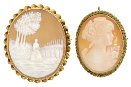 (2) ESTATE CARVED SHELL CAMEO PENDANT BROOCHES, (1) 10KT GOLD