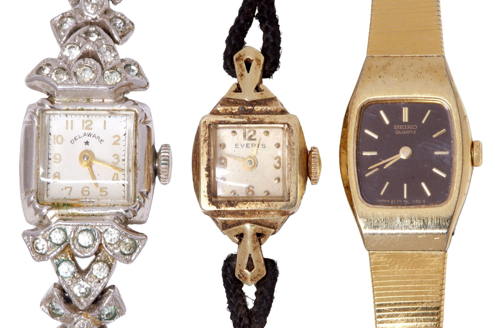 (3) ESTATE VINTAGE LADIES WATCHES: (lot of 3) Estate vintage ladies wristwatches, including: (1) Everts, 14kt yellow gold case, on a cord bracelet with 10kt gold fill clasp, (1) Seiko, quartz movement, gold-tone base metal case and bra