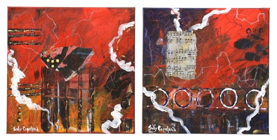 (2) JUDY COPELAND (B.1943) ARCYLIC PAINTINGS 'RED #1' & 'RED #2'