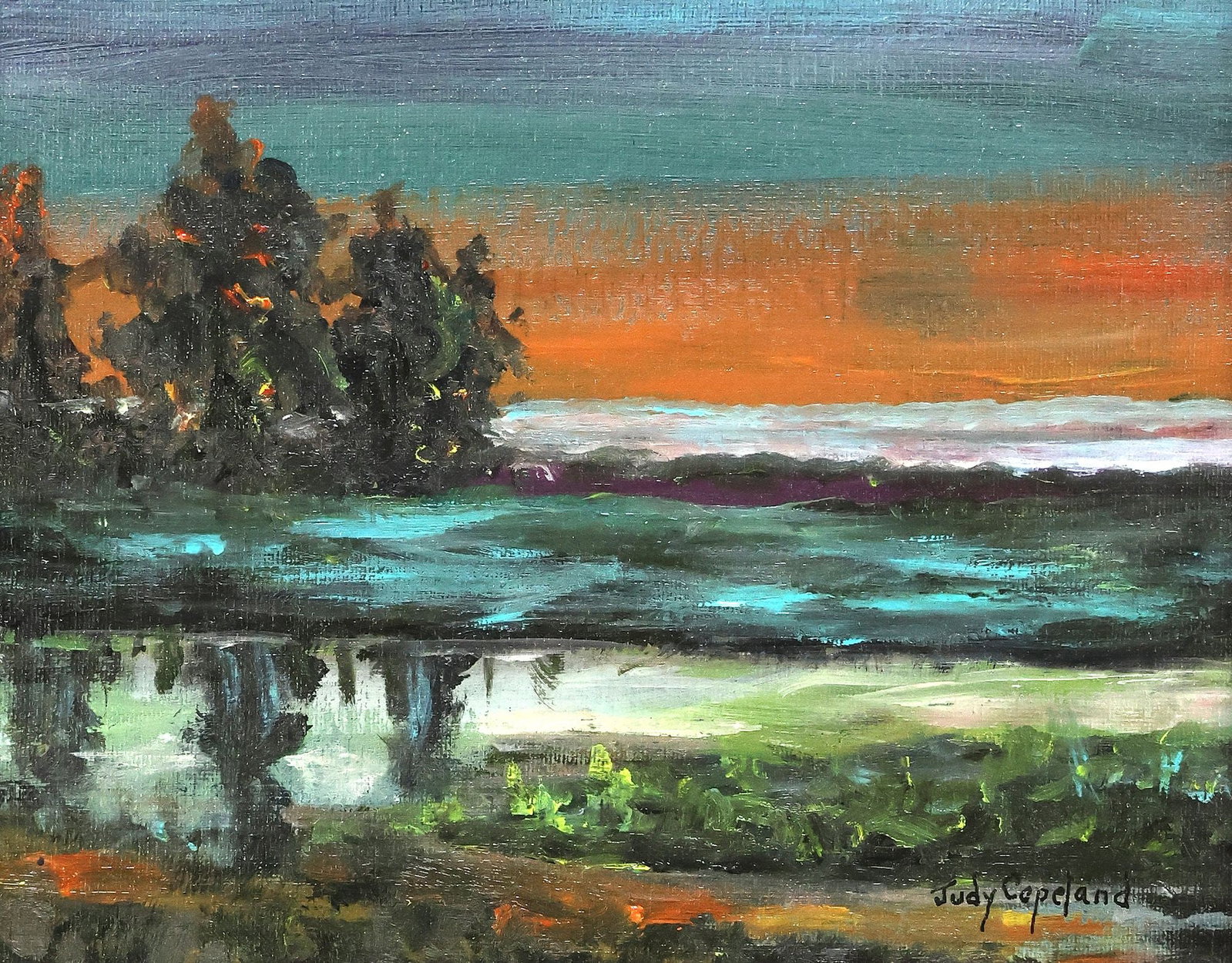 JUDY COPELAND (B.1943) ARCYLIC PAINTING, 'TURQUOISE SUNSET': Framed acrylic on canvas board painting, "Turquoise Sunset," signed lower right Judy Copeland (Louisiana, Texas, b.1943), titled on artist's label verso, sight: approx 7 5/8"h, 9 5/8"w, overall: appro