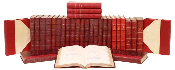 (32) FRENCH LEATHER-BOUND LIBRARY SHELF BOOKS, VICTOR HUGO & MOLIERE