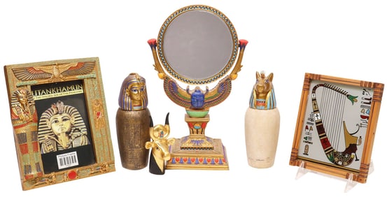 (6) EGYPTIAN STYLE POLYCHROME DECORATED RESIN ITEMS