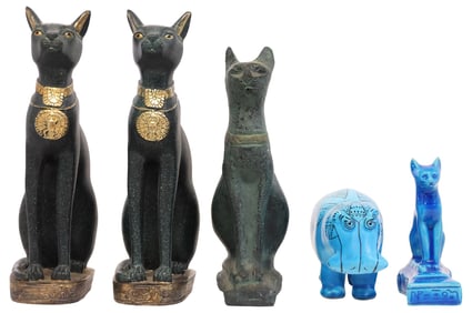 (5) EGYPTIANESQUE FIGURAL SCULPTURES, BASTET & 'WILLIAM' HIPPO