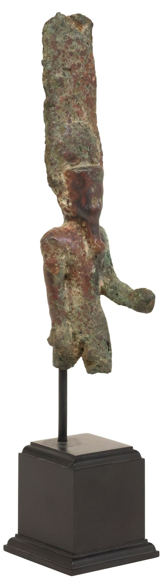ANTIQUE STYLE BRONZE SCULPTURAL FRAGMENT OF AMUN: Patinated bronze sculpture fragment, Amun, after the Egyptian antique, anthropomorphic iteration of the "king of gods," adorned in a double crown with feathers and sun disc, rising on black pedestal b