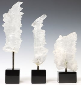 (3) GEOLOGICAL FISHTAIL SELENITE SPECIMENS ON BLACK MARBLE BASES