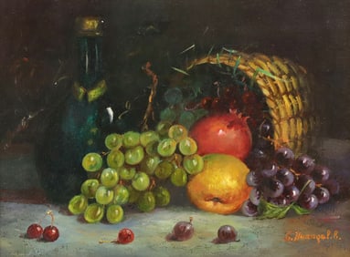 SIGNED HUANGAL PAINTING, STILL LIFE WITH BOTTLE & FRUIT, 12" X 16"