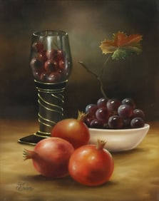 F. JULCA (B.1948) OIL PAINTING, STILL LIFE WITH FRUIT, 8" X 10"