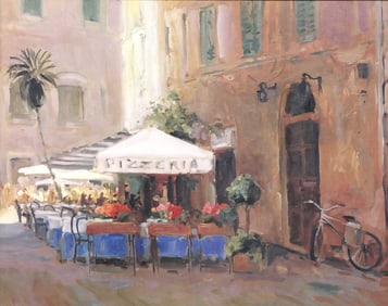 FRAMED LITHOGRAPH PRINT ON CANVAS, ITALIAN STREET CAFE SCENE