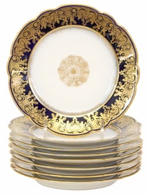(8) LIMOGES MARTIAL REDON PARCEL-GILT COBALT PORCELAIN PLATES
