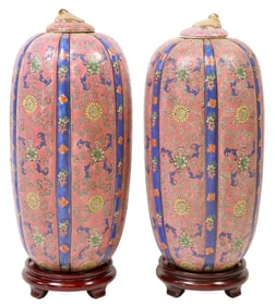 (2) CHINESE PINK-GROUND FAMILLE ROSE PORCELAIN MELON JARS ON STANDS