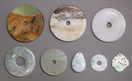 (8) CHINESE CARVED HARDSTONE BI DISC & PENDANTS