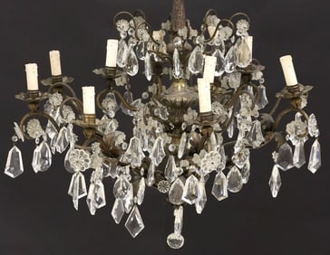 ITALIAN REPOUSSE GILT METAL & CRYSTAL 12-LT CHANDELIER