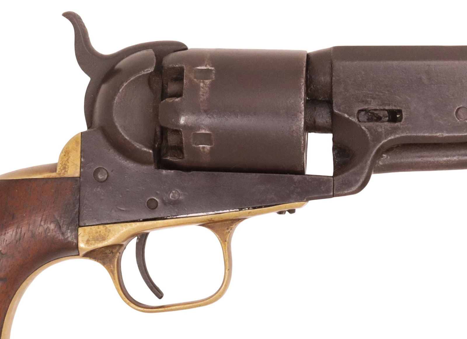 COLT 1851 NAVY REVOLVER, MFG. 1861: Colt 1851 Navy Revolver, Fourth Model, .36 caliber, mfg. 1861, 7.5" octagonal barrel marked at the top "-Address Col. Saml Colt New-York U.S. America-" the blade front sight is now flat
