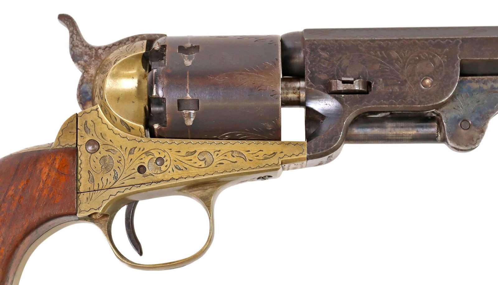 (2) ITALIAN EIG COLT 1851 NAVY BLACKPOWDER REVOLVER & BULLET MOLD: Italian EIG Colt 1851 Navy Blackpowder Percussion Revolver, .36 caliber octagonal 7.5" barrel, six round cylinder, brass frame, hardwood grips, overall with light engraving, metal with light rubs and