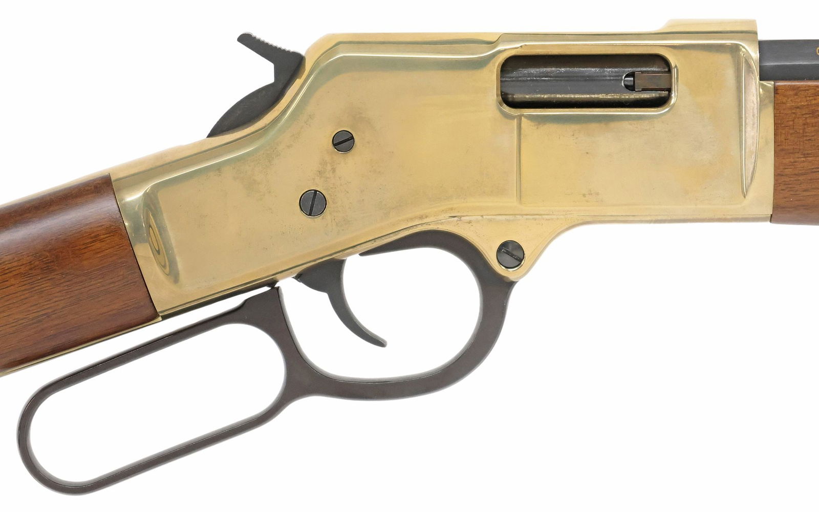 HENRY REPEATING ARMS CARBINE, .44 REM MAG/.44SPL CALIBER: Henry Repeating Arms Rifle, lever action, .44 Rem Mag//.44 Spl. caliber, 20" octagonal barrel, bead front sight, adjustable rear sight, tubular magazine, gilt receiver, walnut stock, gilt butt pl