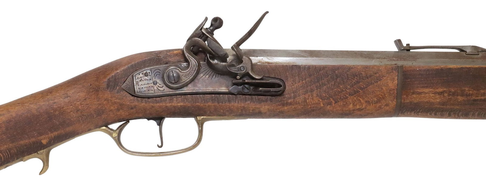 KENTUCKY STYLE RIFLE, JUKAR SPAIN: Kentucky Style Rifle Modern Muzzle Load Flint Lock Rifle by Jukar, Spain, approx. 45 caliber, having a 33" octagonal barrel, ramrod, brass blade front sight, fixed rear sight, lock with installed flin