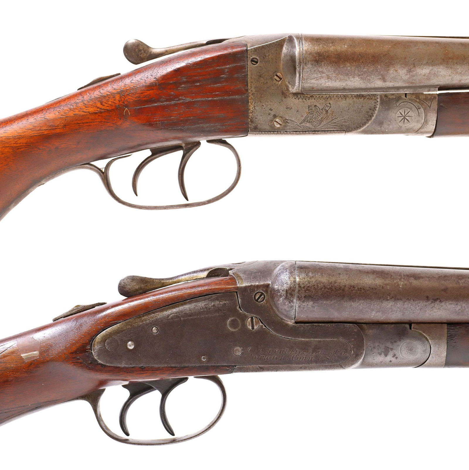 (2) VINTAGE SHOTGUNS, HUNTER FULTON SPECIAL & CRESCENT PEERLESS: (lot of 2) Vintage Shotguns: (1) Hunter Arms Fulton Special Side by Side Shotgun, 12 gauge, 32" barrels, bead front sight, light engraving including woodcock birds at receiver, double triggers, thumb