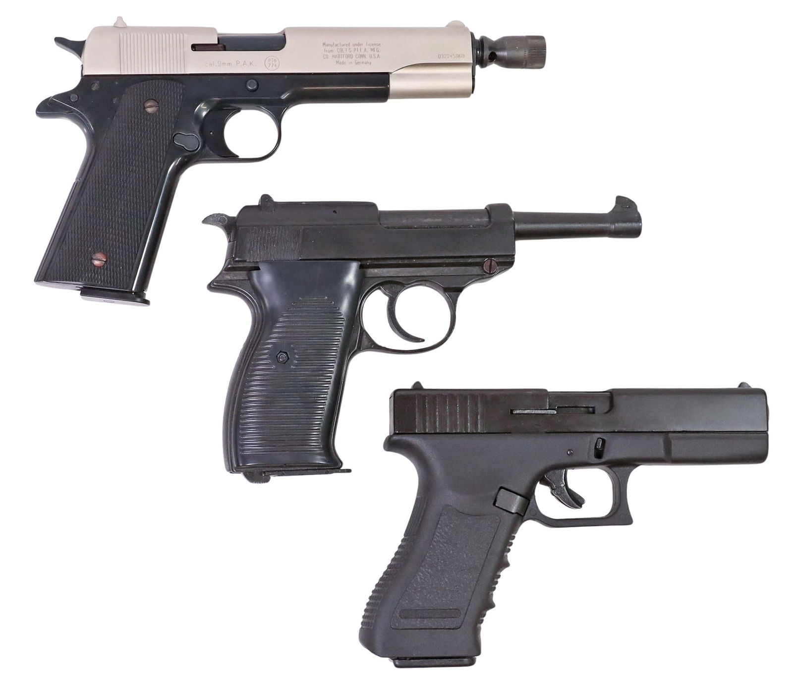 (3) BLANK FIRING PISTOLS, COLT 1911, WALTHER P-38 MODELS (1 of 10)
