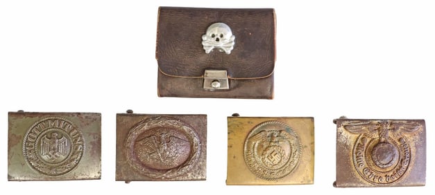 (5) GERMAN WWII BELT BUCKLES, 1 UNKNOWN, 1 TOTENKOPF COIN PURSE