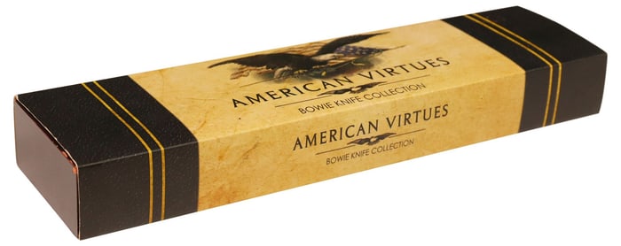 AMERICAN VIRTUES ENGRAVED BOWIE KNIFE, ORIGINAL BOX, EXCELLENT
