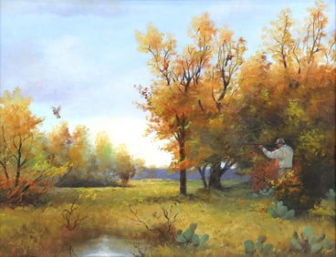 JAMES DELMAR CHAMPNEY (20TH C.) OIL PAINTING, AUTUMN QUAIL HUNTER
