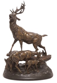 AFTER HIPPOLYTE HEIZLER SPELTER SCULPTURE, 'THE STAG & HIS FAMILY'