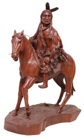 J. BURRUS (20TH C.) CARVED WOOD SCULPTURE, NATIVE AMERICAN ON HORSE, 24"H