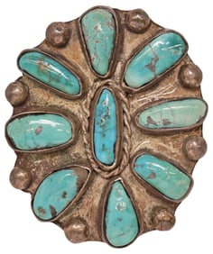 LARGE NATIVE AMERICAN SILVER TURQUOISE CLUSTER RING